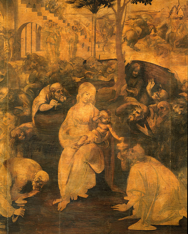 Leonardo da Vinci, Adorazione dei Magi (1481-1482), olio su tavola, particolare con Maria e il Bambino. Firenze, Galleria degli Uffizi

